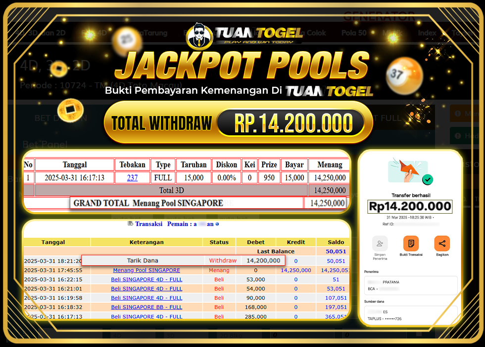 TUANTOGEL JACKPOT TOGEL SINGAPORE Rp14.200.000, - LUNAS