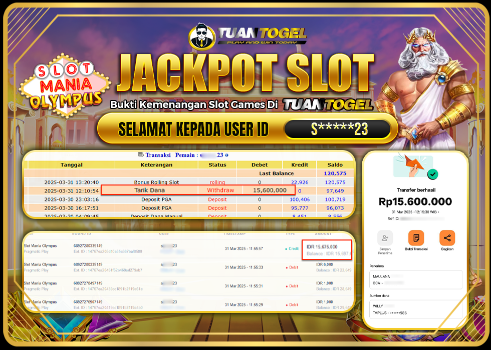 TUANTOGEL JACKPOT SLOT MANIA OLYMPUS Rp15.600.000, - LUNAS