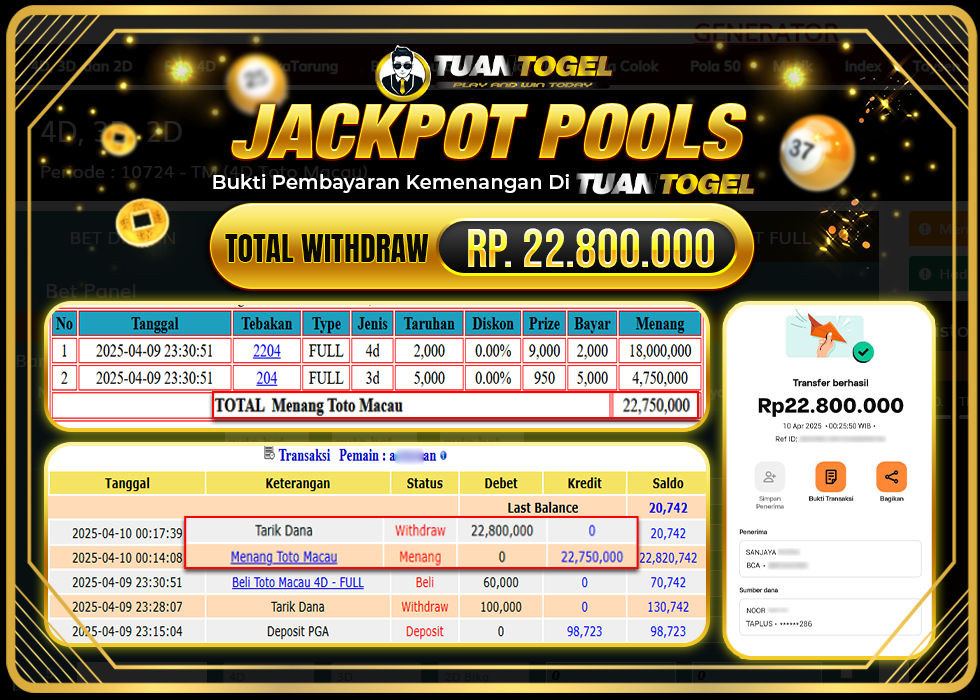 TUANTOGEL JACKPOT TOGEL TOTO MACAU Rp22.800.000. LUNAS