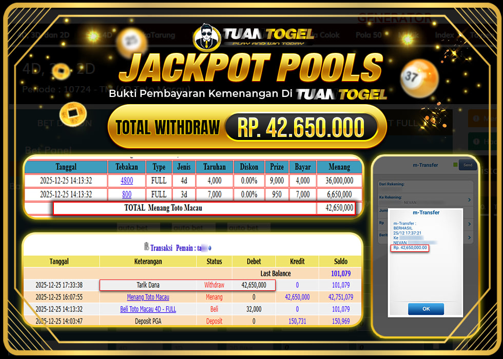 TUANTOGEL JACKPOT TOGEL TOTO MACAURp42.650.000, - LUNAS