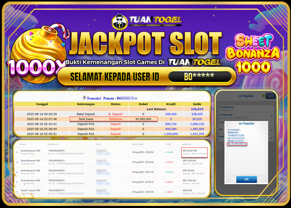 TUANTOGEL JACKPOT SLOT SWEET BONANZA 1000 Rp45.900.000, - LUNAS 